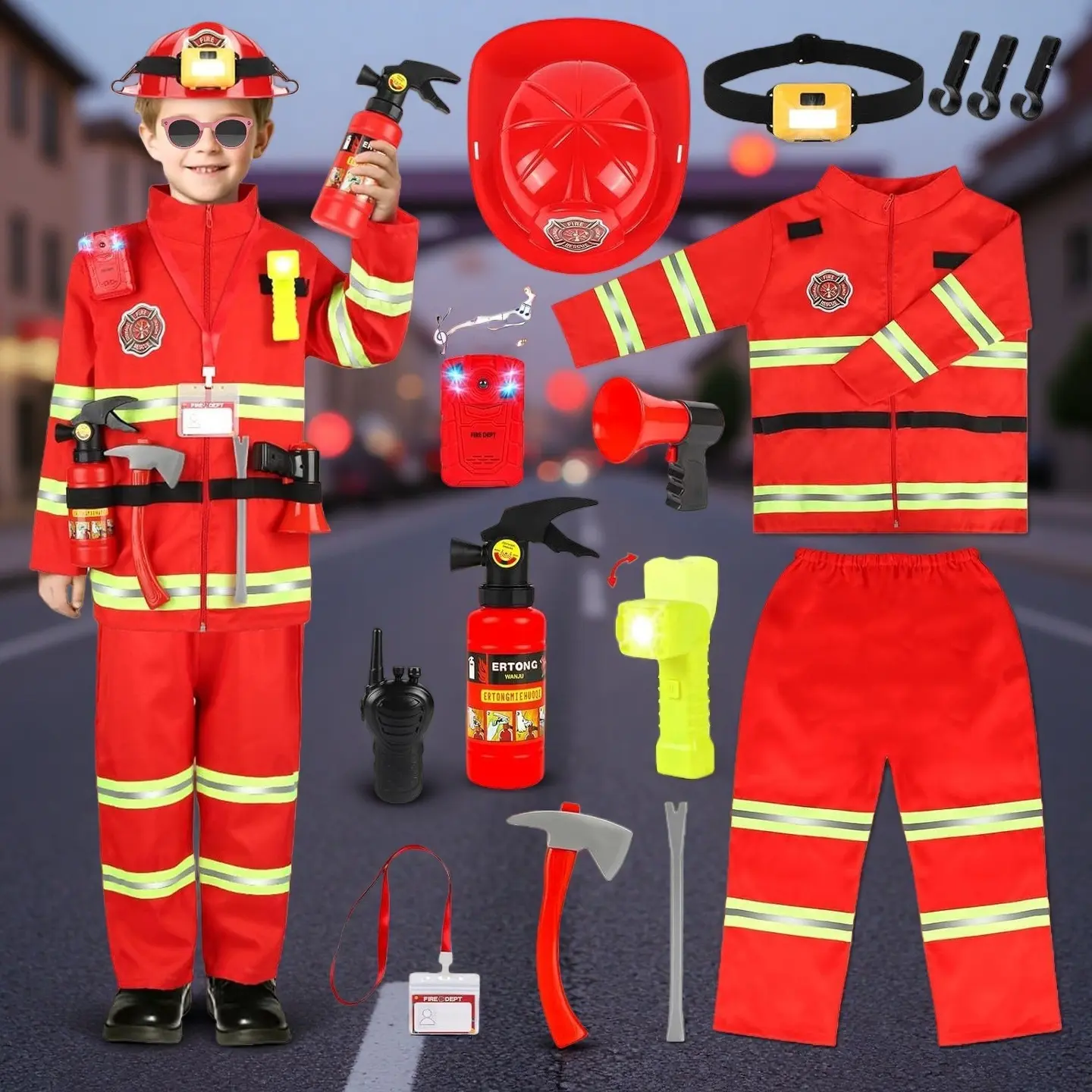 Firefighter Costume Set for Kids, Realistic Poly-Cotton Uniform with Reflective Strips, Lighting Kit & Pry Bar for Halloween Pretend Play, Role Play, 1 Helmet With Lighting Kit, 1 Realistic Fire Extinguisher