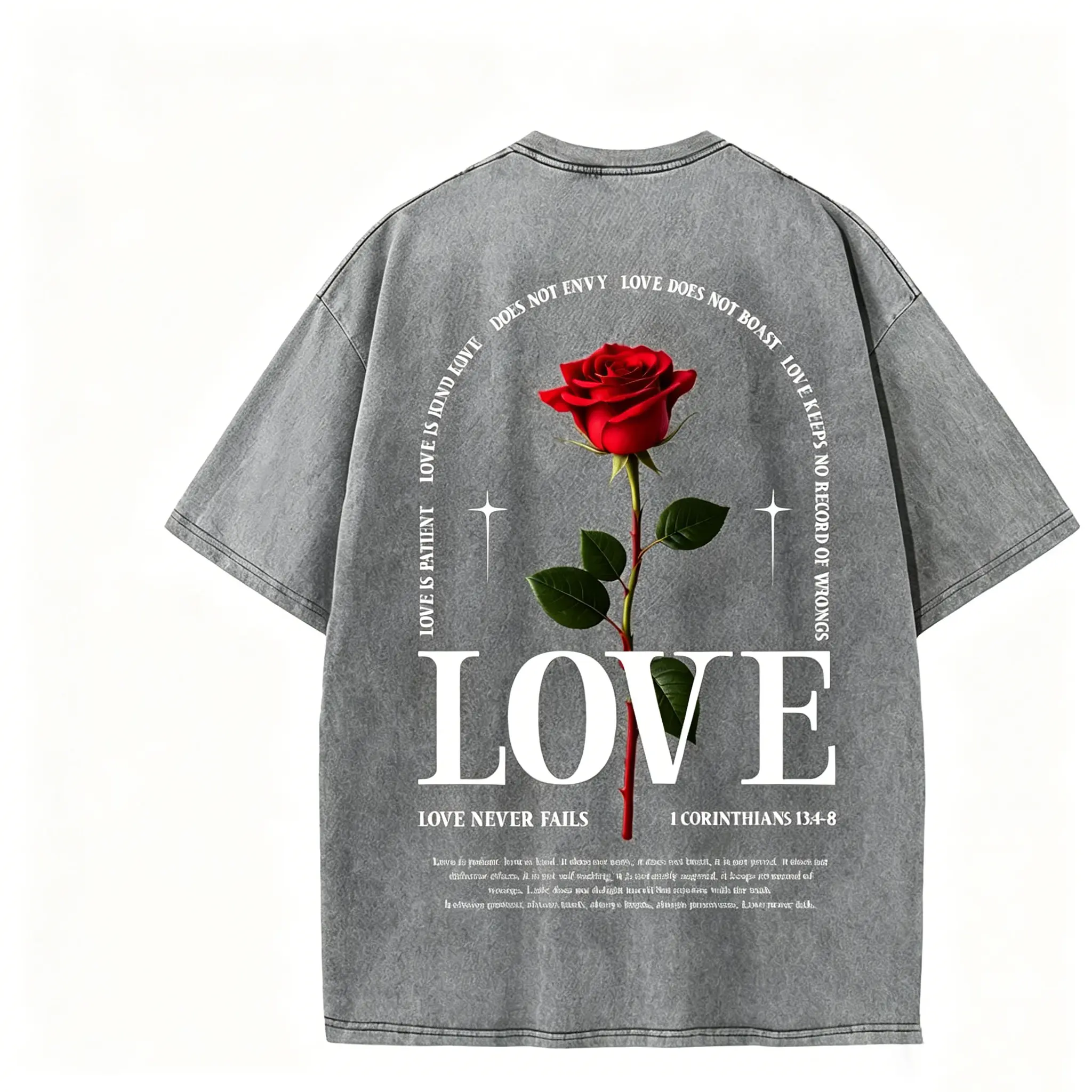 Romantic Christian T-Shirt, "Love Never Fails" 1 Corinthians 13 Bible Verse with Red Rose, Washed Oversized Streetwear