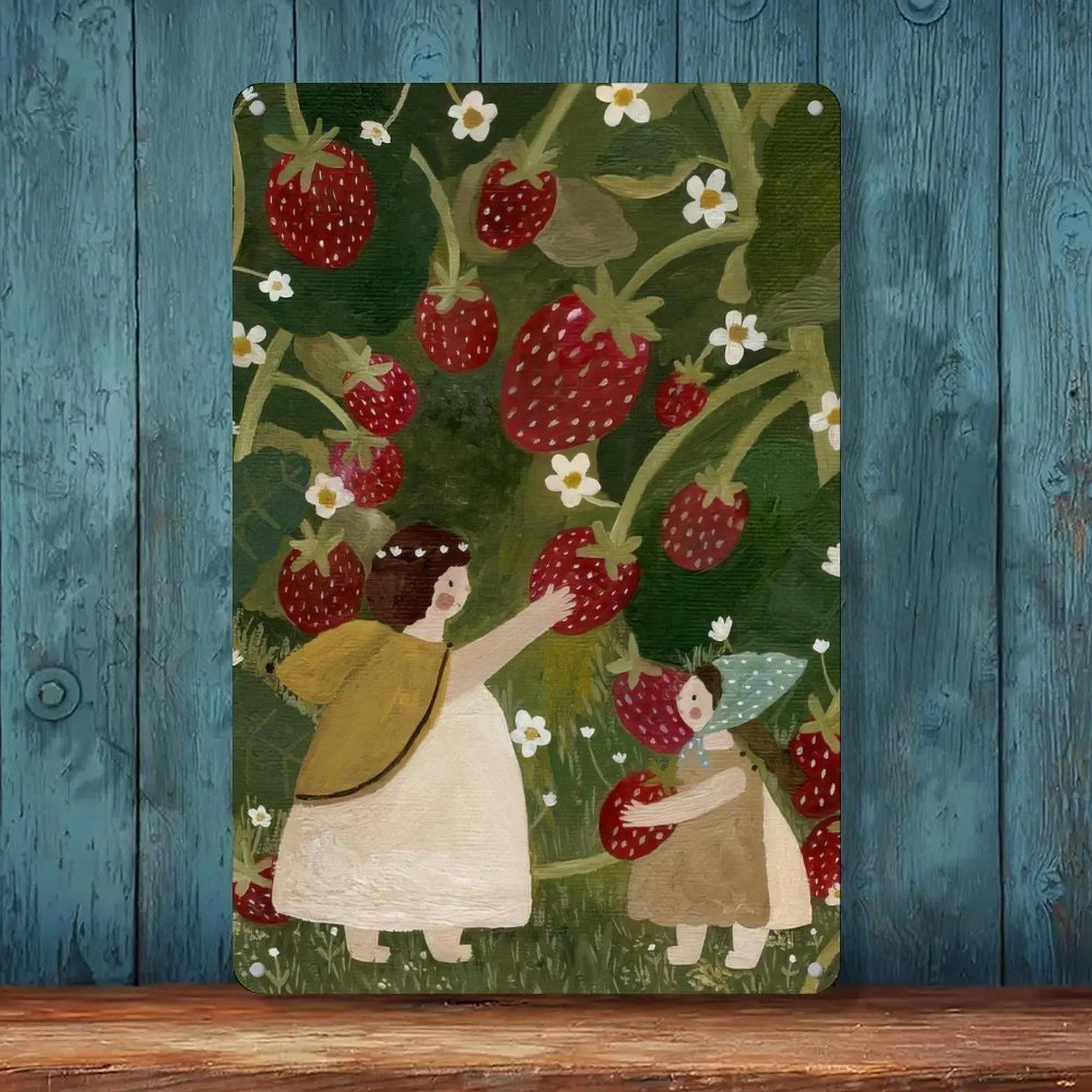 Little Girls Picking Big Strawberries Cottagecore Art Tin Sign 8x12in Whimsical Bedroom Wall Decor Metal Tin Sign