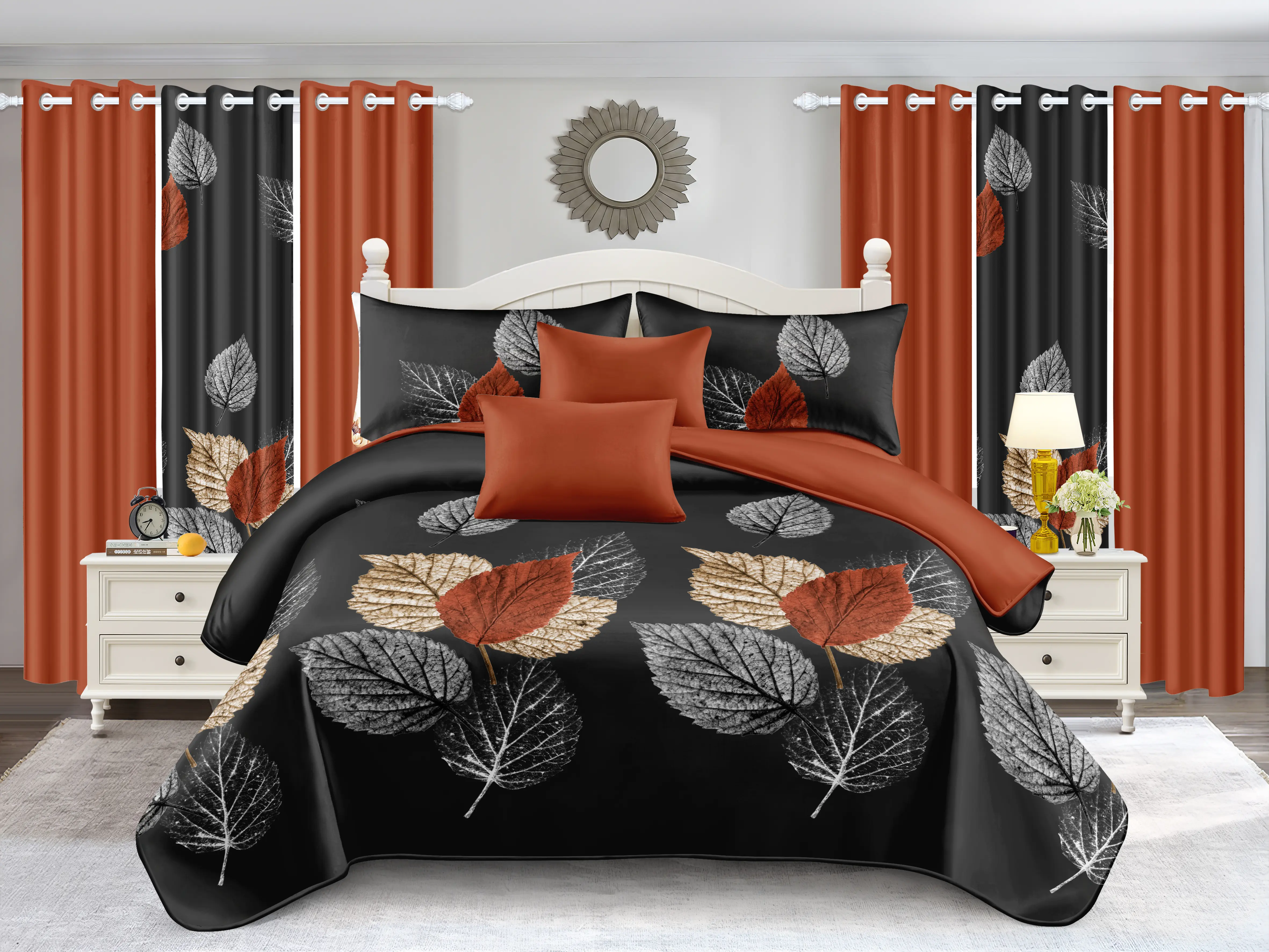9 Piece Complete Bedroom Set Leaf Print, 1 Bedspread 2 Pillow Shams 6 Matching Curtain Panels, All Season Soft Microfiber Thin Quilt Bedding, Breathable Lightweight Decor For Queen King Cal King | Father’s Day Gift