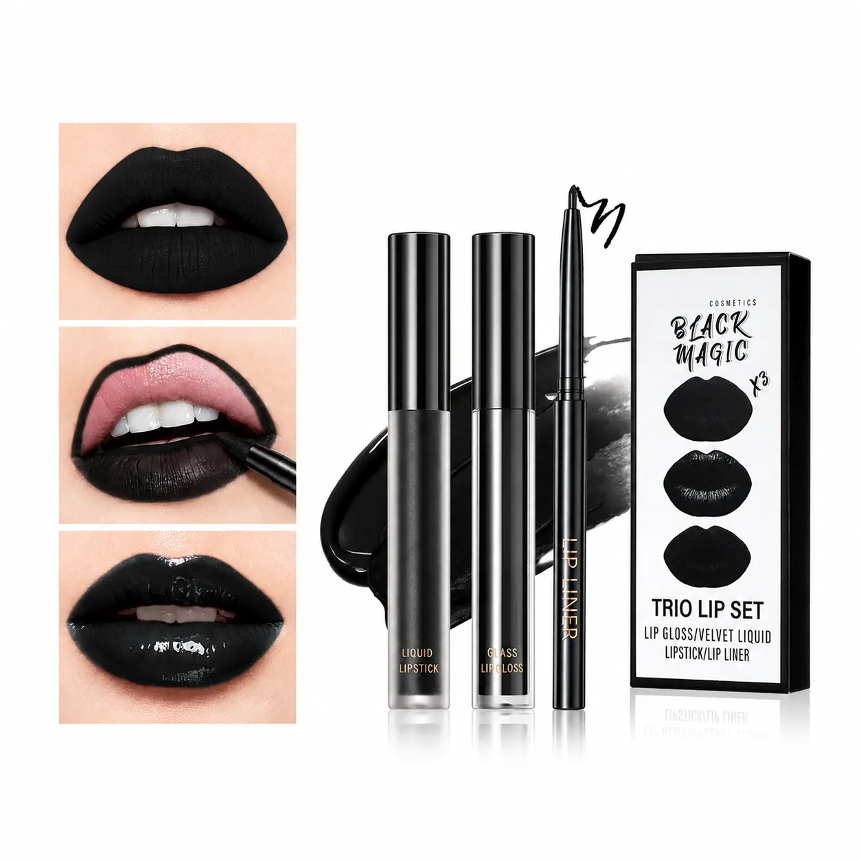 3-in-1 Gothic Black Lip Kit for Halloween Cosplay | Long-Lasting Matte & Glossy Liquid Lipstick with Lip Liner Trio, Waterproof Party Lip Combo