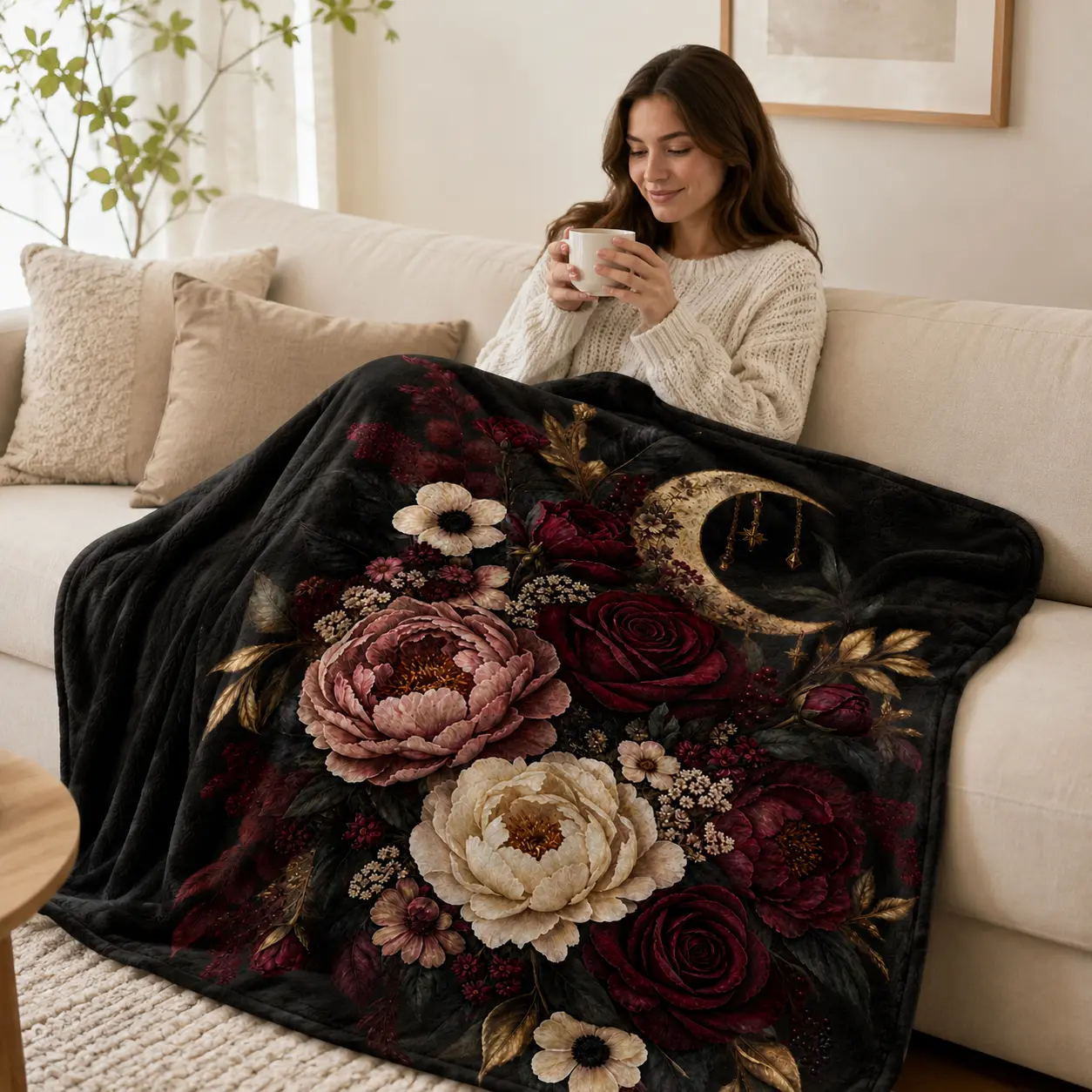 Flannel Throw Blanket - Flannel Fabric, Gothic Garden Floral Motif, Crescent Moon Print, Soft Cozy Lightweight, for Sofa Bed, Witchy Boho Living Room Home Interior Decor