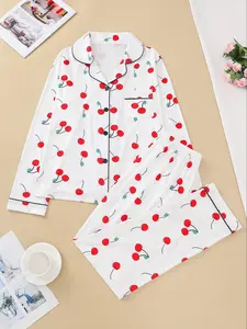 Women's Lemon Fruit Pattern Sleepwear Set, Casual Long Sleeve Button-Down Top & Elastic Pants, Comfortable Home Wear for Spring Fall
