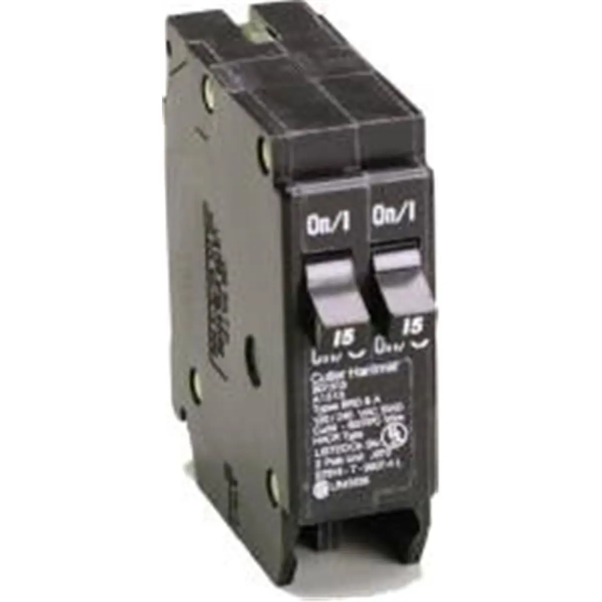 Eaton BR Series BD 1P Duplex Circuit Breaker - 2 x 15A, 1" Wide (0.5" per Pole), 10,000 AIC Class CTL, 120 VAC, BD1515