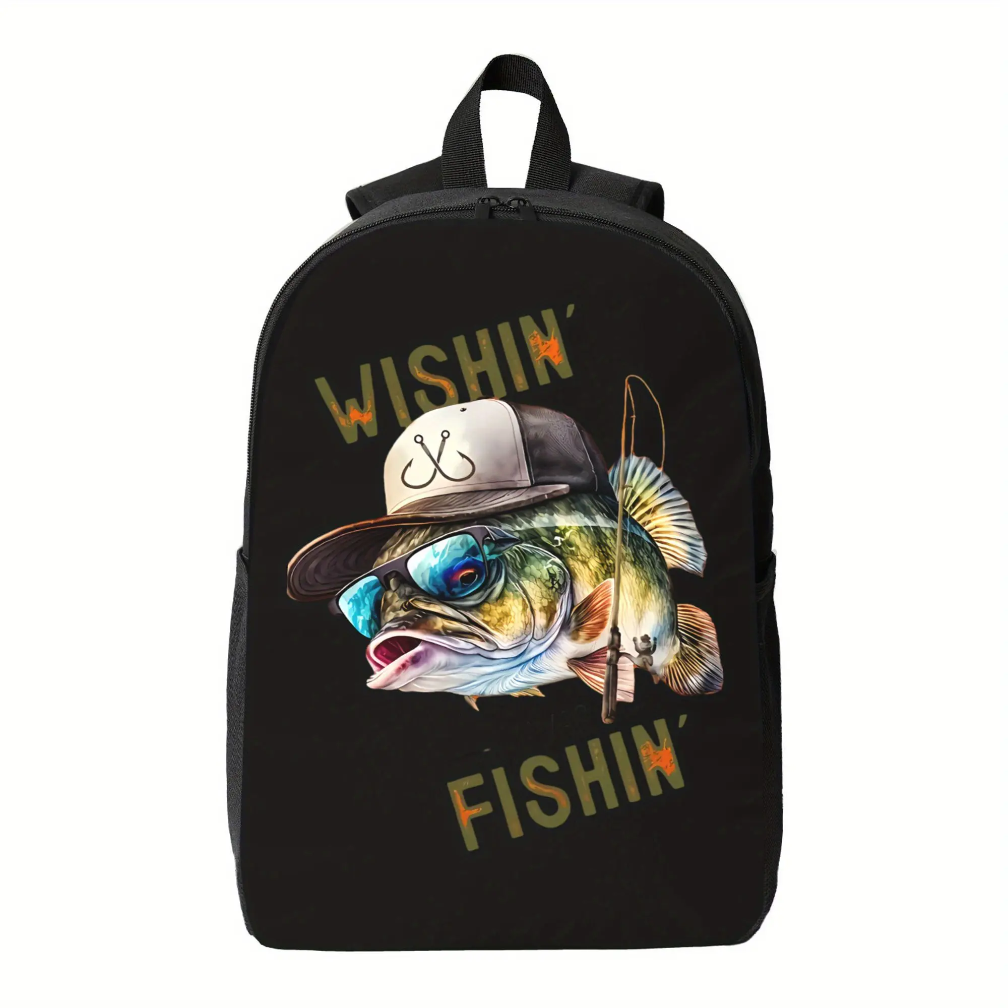 Best Trendy Boys' Casual Loose Fit Backpack with Vibrant Fish & Hat Print - Lightweight Durable Polyester, Adjustable Straps, Multiple Compartments for School, Travel, Casual Outings, Backpack for School, Outdoor Adventure Gear, Stylish Backpack Supplies