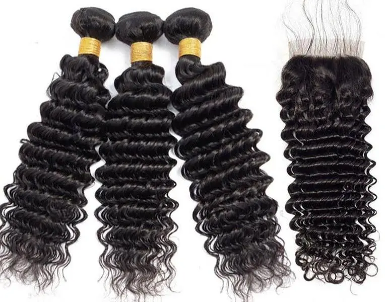3 Bundle Deals With 4*4 Transparent  Closure Deep Wave Virgin Human Hair Natural Black