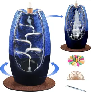 SPACEKEEPER Ceramic Backflow Incense Holder Incense Burner Waterfall 2 Sides, Incense Fountain with 120 Incense Cones & 30 Incense Stick, Aromatherapy Ornament Home Decor, Navy