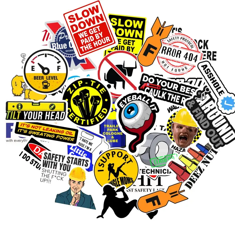 30 funny worksite parody decals for hard hats, tool boxes, and tumblers—durable vinyl, ships fast.