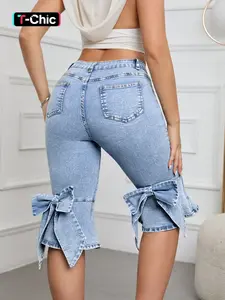 Women's Denim Jeans Light Wash Pocket Elastic Waist Fitted Casual Fashion Spring Summer Versatile Design, Comfortable Daily Wear Jeans for Women Womenswear Bottom