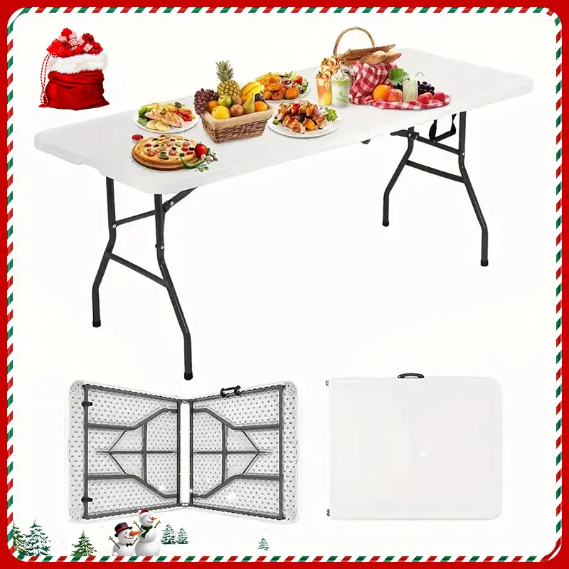 Portable Foldable Rectangular Modern Outdoor Dining Table - 4FT-6FT-8FT Sizes, Heavy-Duty Plastic Furniture, Adjustable Height, Grey Powder-Coated Legs, Carry Handle, Fully Assembled, Ideal for Camping, Picnics