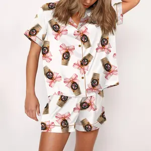 7-B Coffee Satin Pajama Set For Women Print Comfy Satin Sleepwear & Loungewear Pjs Printing Silky Top & Bottoms - SHESHOW