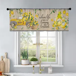 Summer Car With Lemon And Dwarf Watercolor Painting Black And White Checkered Print Linen Texture Background Kitchen Curtains Valance Window Curtain Living Room Bedroom Bathroom Home Decoration 54 Inches * 18 Inches