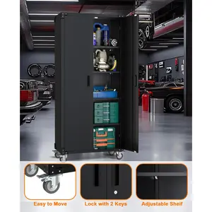 72" Heavy Duty Steel Storage Cabinet with Lock – Rolling Wheels, 4 Adjustable Shelves & Pegboard – Secure Metal Locker for Garage, Home, Office Organizer