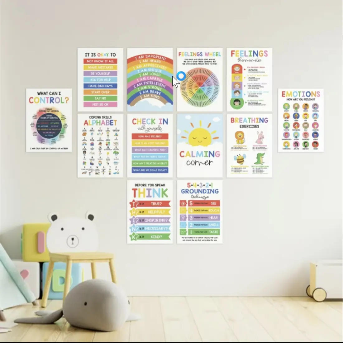 12 Pcs Calming Posters for Kids, Emotions Chart & Feelings Wheel, Classroom & Therapy Decor, Visual Learning Supplies, Classroom Supplies Charts, Classroom Decoration, 10x14, Teaching Supplies, School Supplies, Visual Learning Tools