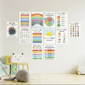 12 Pcs Calming Posters for Kids, Emotions Chart & Feelings Wheel, Classroom & Therapy Decor, Visual Learning Supplies, Classroom Supplies Charts, Classroom Decoration, 10x14