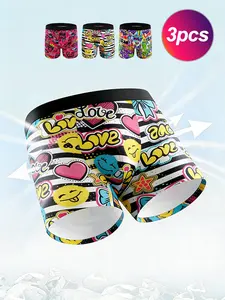 3Pcs Men's Graffiti Print Long Leg Boxer Briefs, Streetwear Fashion Breathable Underwear, Trendy Colorful Casual Boxers for Daily Wear