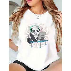Women's Cute Panda Gamer T-Shirt, Casual Short Sleeve Tee with Headset & Computer Graphic, Funny Gaming Panda Design for Daily Wear, Casual Outings, Ideal Gift for Gamers & Panda Lovers 100% Cotton T-shirt