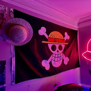 Straw Hat Flag Jolly Roger Monkey D. Luffy Straw Hat Pirates  Banner Skull Wall Hanging Decorative Poster Flag Anime Pirate Fans Gift