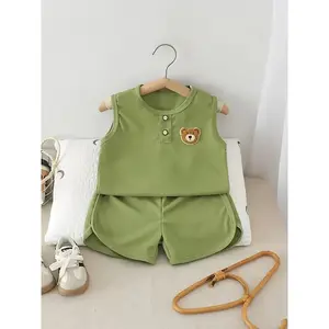 Girls' Summer Set: Avocado Green Sleeveless Tank Top + Shorts 2pcs Outfit with Bear Label Design, Lightweight and Skin-Friendly Fabric, Breathable and Sweat-Wicking, Ideal for Casual Daily Wear, Perfect for Outdoor