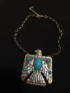 Vintage Thunderbird Statement Necklace Boho Western Style Turquoise Tone Eagle Pendant Necklace -95