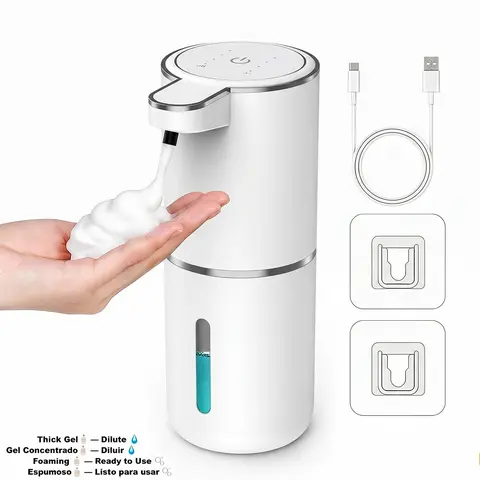 Touchless Automatic Foam Pump Soap Dispenser - USB-C Rechargeable, 380ml Large Tank, 4-Level Adjustable Release Dispenser, Waterproof, Wall Mounted, Contemporary Bathroom Accessory, Great for Hands & Dishes, Includes Cable & Dilution Bottle