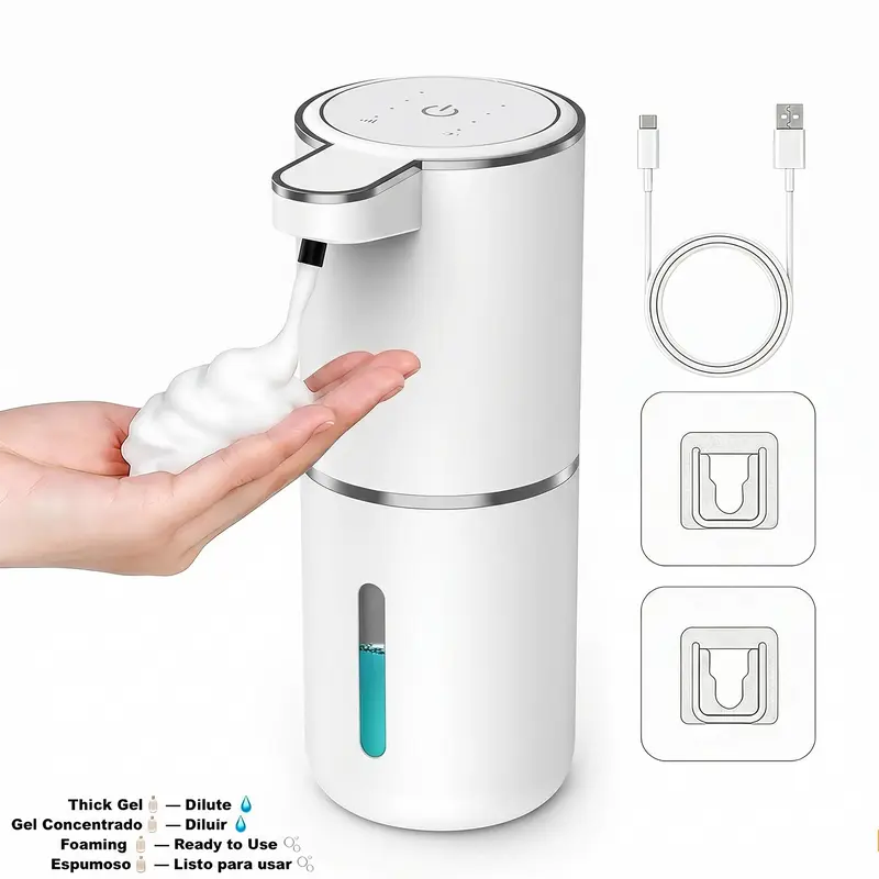 Touchless Automatic Foam Pump Soap Dispenser - USB-C Rechargeable, 380ml Large Tank, 4-Level Adjustable Release Dispenser, Waterproof, Wall Mounted, Contemporary Bathroom Accessory, Great for Hands & Dishes, Includes Cable & Dilution Bottle