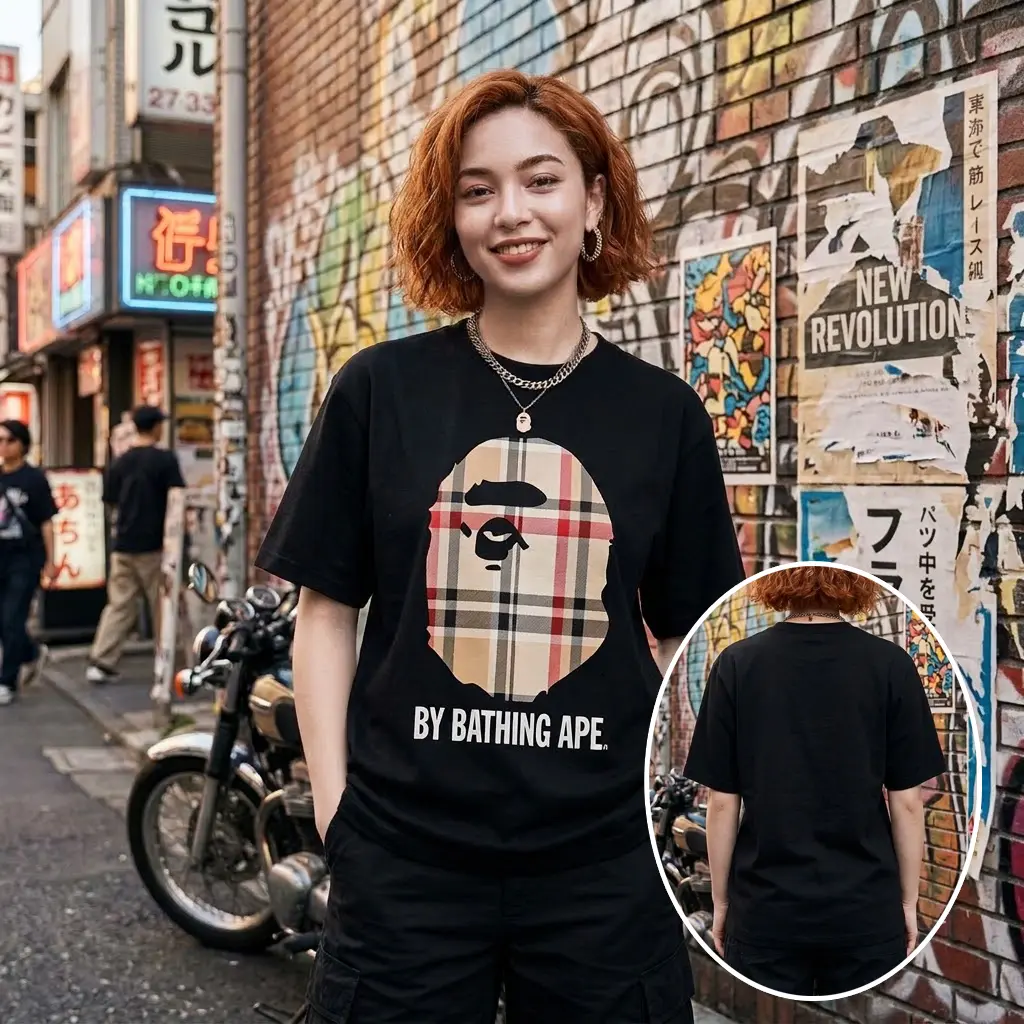 2026 Trendy Black Streetwear Tee Plaid Ape Graphic Short Sleeve T-Shirt