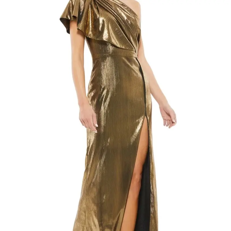 Mac Duggal Women's Ieena Ruffled One Shoulder Metallic Evening Gown size 14