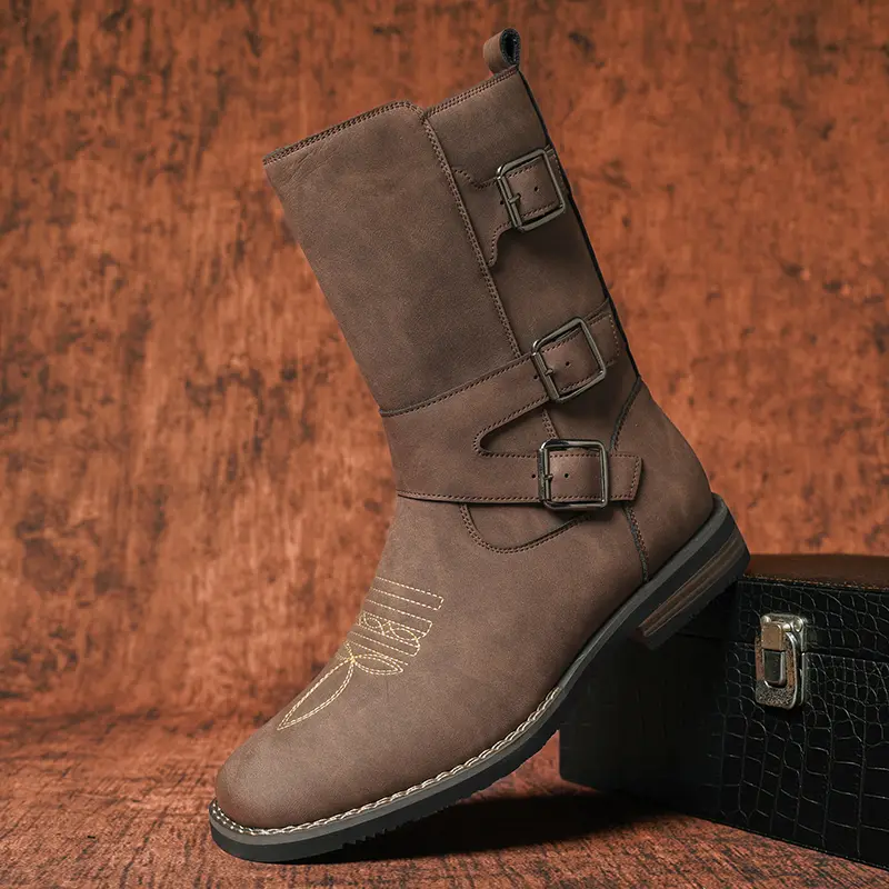 Men’s Western mid-calf boots with multiple buckles and embroidery, retro shaft design, pointed toe, casual biker style, fashionable boots