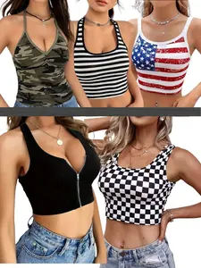 Halter Neck, Cami & Zip Front Crop and Tank Tops, USA Flag Crop, Solid Black Crop, Striped Crop, Checkered or Camouflage Crop Tops, Girly Tops Beach Womenswear Summer breeches and crop top straps plain cute