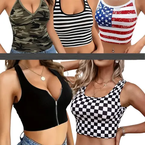 Halter Neck, Cami & Zip Front Crop and Tank Tops, USA Flag Crop, Solid Black Crop, Striped Crop, Checkered or Camouflage Crop Tops, Girly Tops Beach Womenswear Summer breeches and crop top straps plain cute