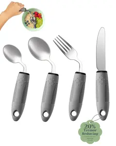 BaseSmall 4-Piece Adaptive Utensils Set - 42° Angled Parkinsons Utensils, 2.5 oz Weighted Utensils for Hand Tremors and Parkinsons Patients, Weighted Silverware for Hand Tremors (Grey: Right-Handed)