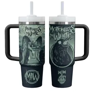 Motionless In White Music Tumbler 40oz with Handle, Gothic Metalcore Aesthetic Cup, Dark Horror Band Inspired Mug, Emo Rock Fan Gift, Black Grunge Concert Travel Mug, Stainless Steel Tumbler