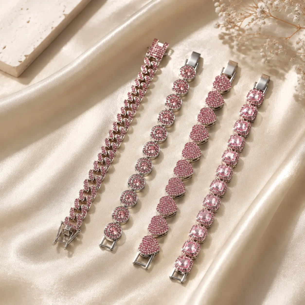 Iced Out Pink  Bracelet , Cuban  & Sugar Cube Oval Style, CZ Crystal Bling Women's bracelet Jewelry 8in with gift box，gift for women
