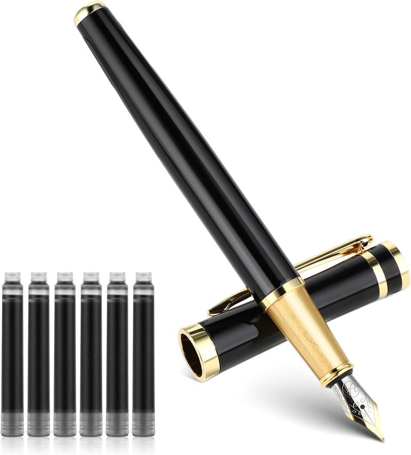 Luxury Metal Fountain Pen Set, 0.5 mm Fine Nib Fountain Pen with 6 Pcs 2.6mm Black Ink Cartridges Smooth Writing Pen Gift for Men Women Business Office Journaling