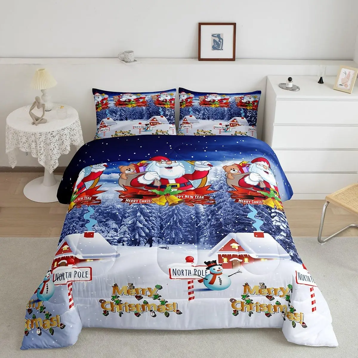 Luxury Santa Claus Theme Multi-Size Microfibre Bed Cover Set - Galaxy Blue Breathable Geometric Print Queen Bedding Quilt Set with Warm Pine Christmas Accents, Machine Washable Modern Festive Xmas Bedroom Linens