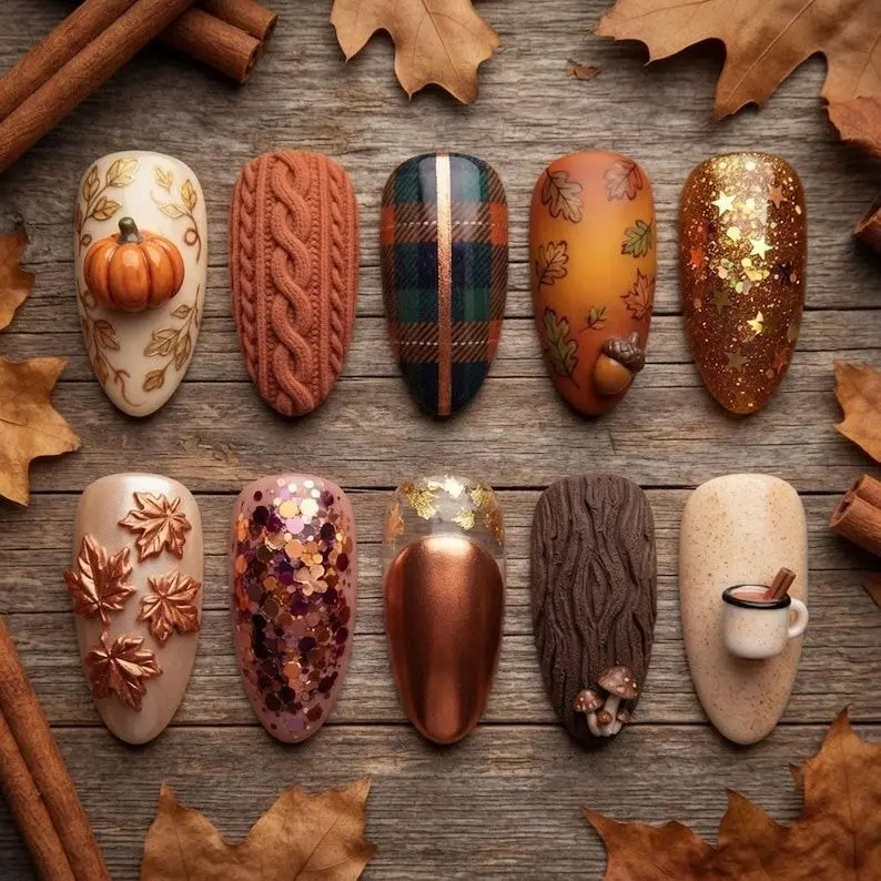 Autumn Press On Nails, Cozy Fall Pumpkin Nails, Sweater Knit Plaid Nail Art, Thanksgiving Nails, Rustic Reusable False Nails Nail Art Kit Nail Box backtoschool