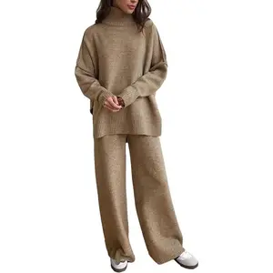 Winter Knit Sweater Two-Piece Set Woman Loose Fashion Turtleneck Long Sleeve Pullover Sweater Straight Pants Suit Clothes Fabric