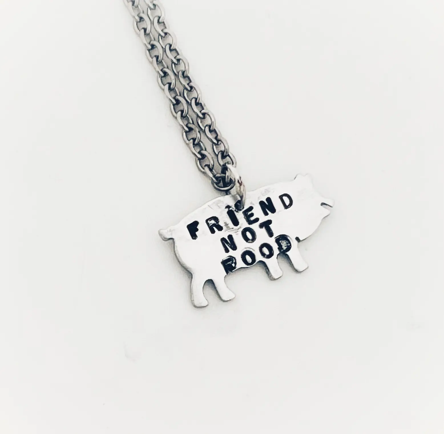 Friend Not Food Mini Pig Necklace Vegan Jewelry Handstamped Recycled Aluminum Chain 2.5mm Silver Plated 18" Chain Pig Love Gift Casual Style Eco-Friendly Texas Made