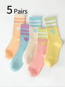 5 Pairs Girls' Casual Long Tube Socks, Cute Heart & Striped Design, Soft Breathable Comfort for Spring Fall, Korean Style Trendy, Breathable Comfy Socks