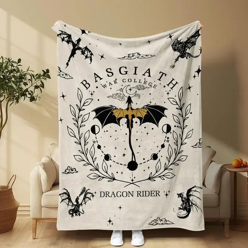 Fourth Wing Basgiath War College Dragon Rider Flannel Blanket - Book Style & Dragon Decorative Throw, Xaden Riorson Violet Sorrengail Design, Moon Phases Print, Soft Cozy Fleece, Warm for Couch Bed, Gift for Fourth Wing Fans, Book Style Blankets, Dragon D
