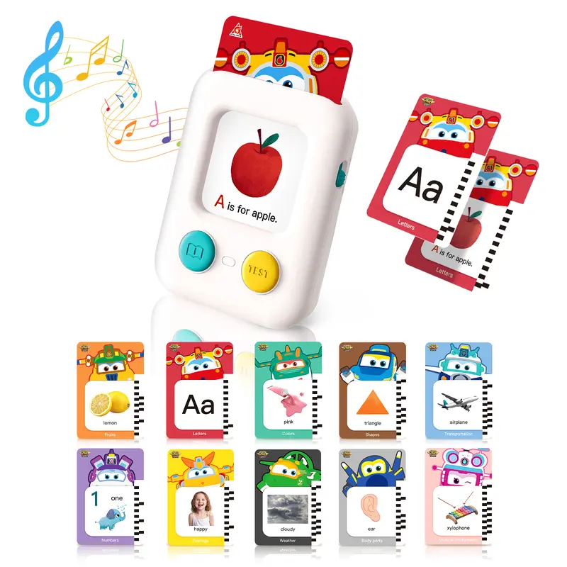 SUPER WINGS Talking Vocabulary Flashcards Set - 106 Cards (212 Sides), Test+Teach Mode, Montessori Toddler Toys, Cognitive Skills Builder, Unisex Language Toy for 3+, Safe Materials, Compact, Colorful Characters, Car Ride Tool