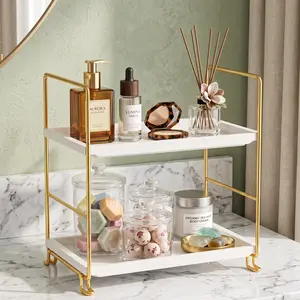2 Tier Bathroom Counter Organizer White & Gold Vanity Shelf for Skincare Perfume & Cosmetics