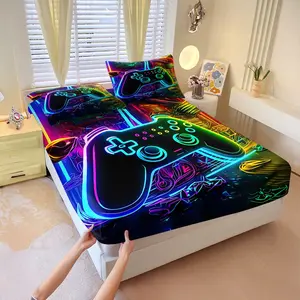 3Pcs Cyberpunk Style Fitted Sheet Set ,Neon Esports Controller Printed Bedding Set ,Durable Soft Microfiber Bedding, Creating A Futuristic Technology and Esports Atmosphere In The Bedroom. Includes Two Pillowcases (Excluding Pillowcases).