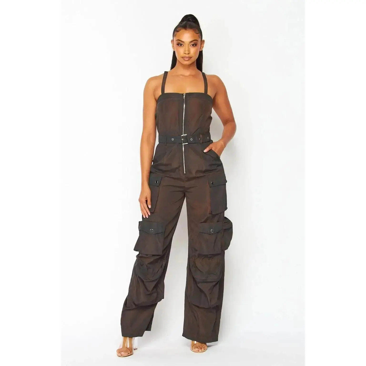 Women's Gabi Brown Cotton Cargo Belted Jumpsuit - Streetwear Style, Zipper-Accented Overalls