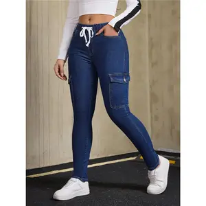 Women's High-Waisted Stretch Denim Jeans - Slim-Fit Dark Blue with Drawstring Waist & Button Closure, Multiple Pockets (Kangaroo Pocket), Heavy-Duty All-Season, Casual to Dressy Pants, Durable Tummy Control Jeans