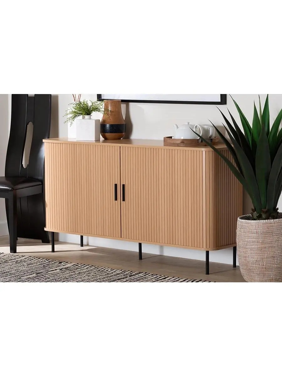 Baxton Studio 212 MAIN Lucia Fluted Slat Wood Sideboard with Storage, Mid-Century Modern Light Oak & Black Buffet Cabinet, 29.50" H x 55.10" W x 15.70" D, Oval Top, Sliding Tambour Doors, Sliding Door