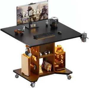 Pamray Small Rolling Gaming Desk with Led Lights Power Outlets and Storage Pegboard, Small Spaces Compact PC Computer Table Pink