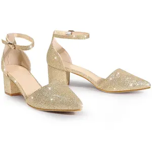 Perphy Women Glitter Pointed Toe Chunky Heel Dress Pumps Gold 9