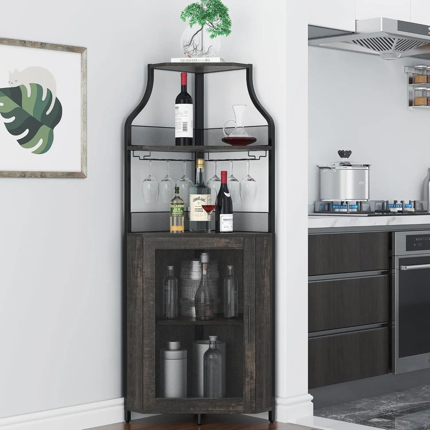 Corner Bar Storage Cabinet, 5-Tier Farmhouse Liquor Cabinet with Glass Holder Wine Cabinet with Barn Door & Adjustable Shelf, Home Bar Storage for Home,Dining Room, Kitchen, Oak Gray